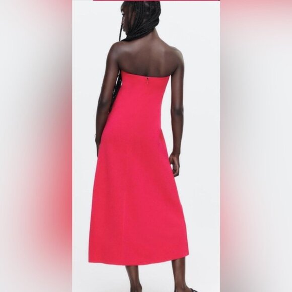 NWT ZARA Strapless Fuchsia Knit Midi Tube Dress Straight Neck 6873/013 Small - Picture 3 of 12